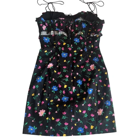 FOR LOVE & LEMONS - ROBIN RUCHED & RUFFLED BLACK FLORAL MINI DRESS NEW -SMALL - Picture 9 of 16